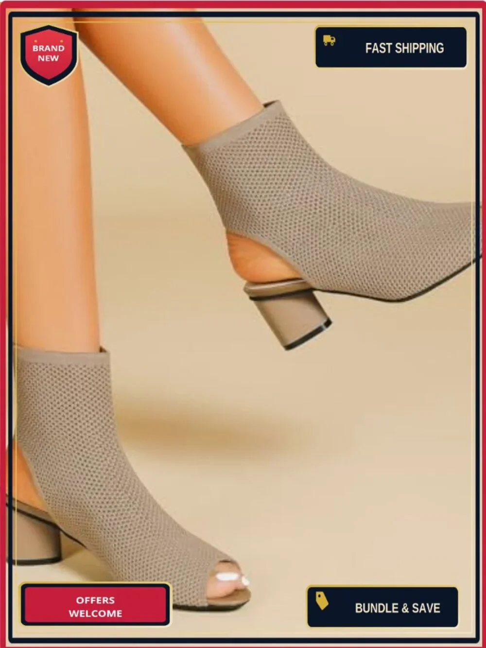 Knit Peep Toe Slingback Chunky Heel Ankle Booties Open Pointed Toe Hollow